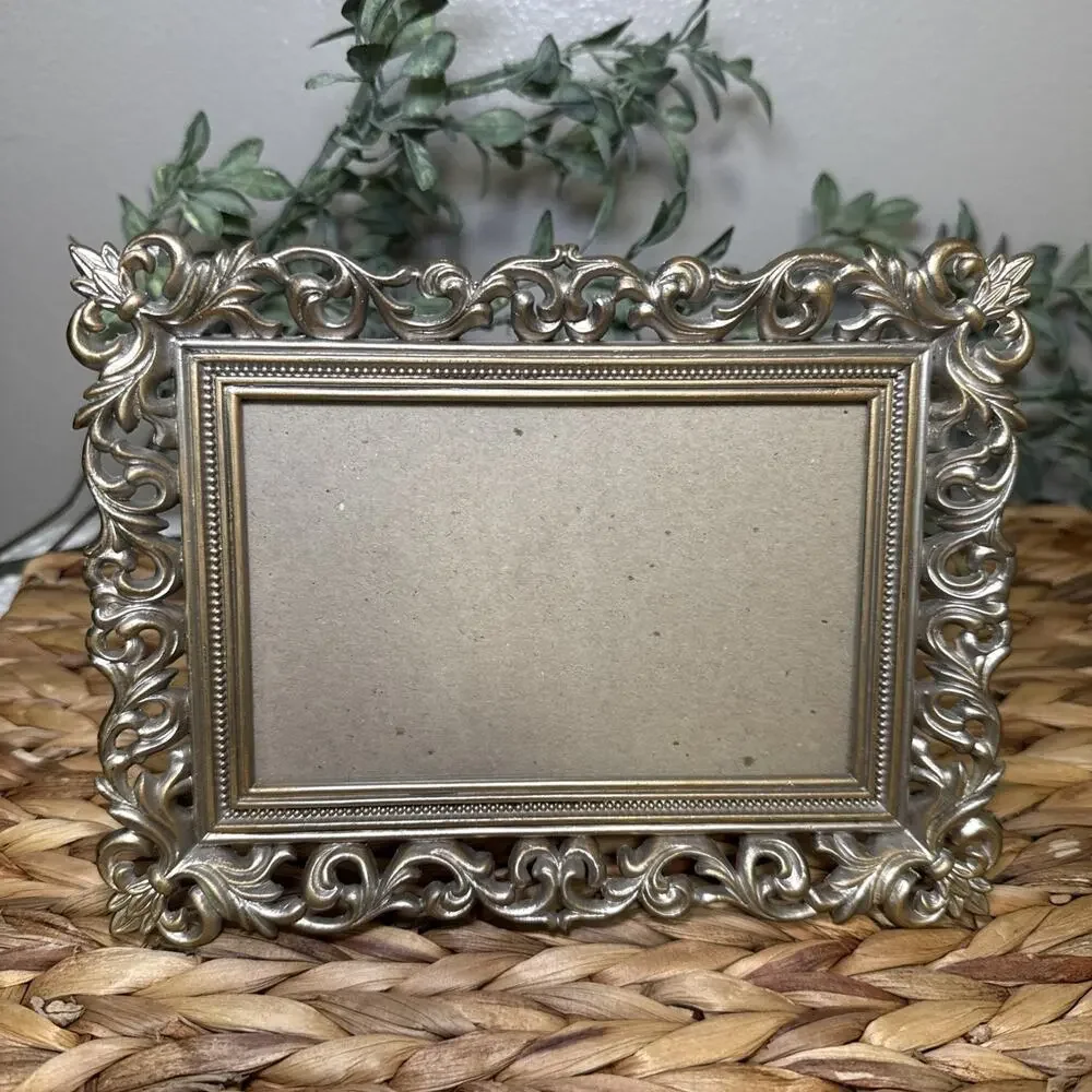 Burnes of Boston Ornate Metal 4x6 Picture Frame Gold Tone Scroll Easel Vintage
